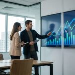 A modern corporate meeting room where two professionals review a shared digital dashboard displaying revenue growth