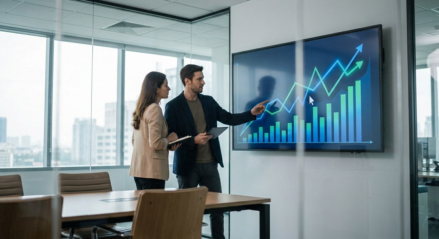 A modern corporate meeting room where two professionals review a shared digital dashboard displaying revenue growth