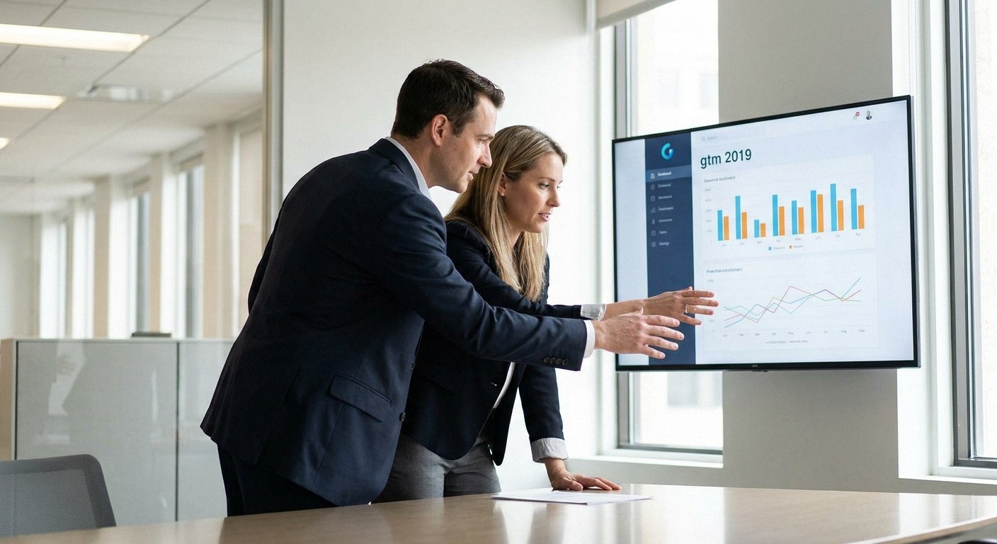 Photorealistic editorial photography of two professionals in a modern corporate meeting room, collaboratively reviewing