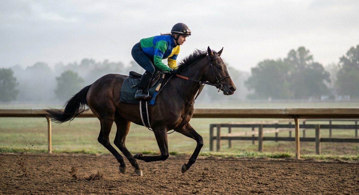 A female jockey in a green, blue, and yellow shirt and black helmet rides a dark brown horse on a dirt track. A white