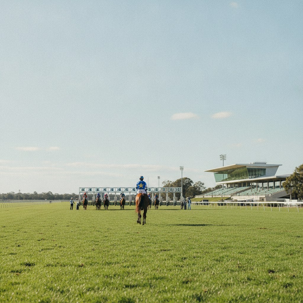 Wide shot of a grass racecourse under a clear sky. A jockey rides toward distant starting gates where others gather. A